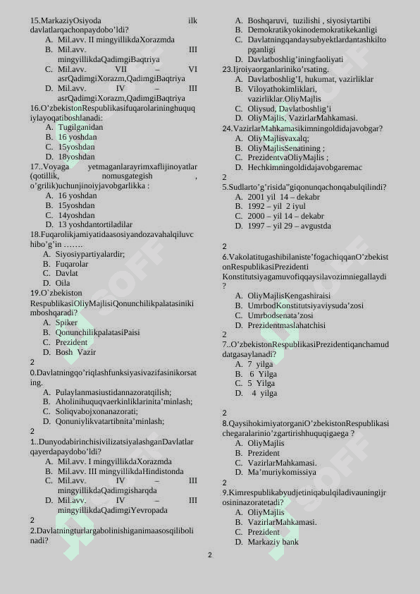 Huquq test 4 to'plam 2