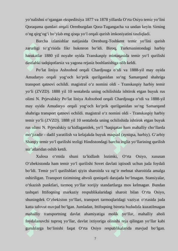 Oʻrta Osiyo Temir yoʻli. Uning imperiya va oʻlka iqtisodida tutgan oʻrni 7