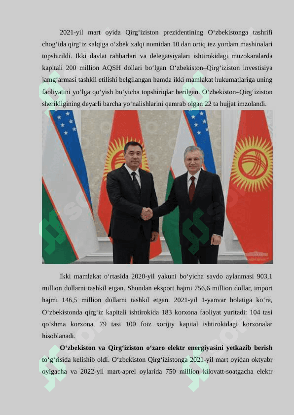 O'zbekiston va Qirg'iziston o'rtasidagi iqtisodiy munosabatlar 2