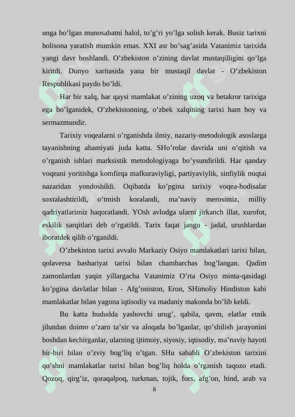 I.Karimovning “Tarixiy xotirasiz kelajak yo'q” asari muxim metodololik asar 8