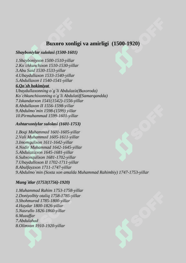 O'zbek xonliklarini boshqargan sulolalar va hukmdorlar 2