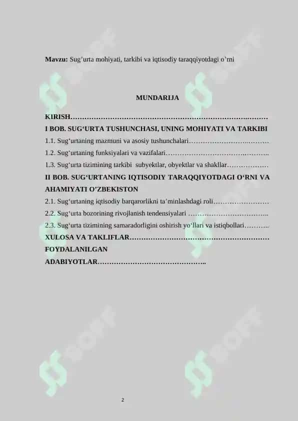 Sug’urta mohiyati, tarkibi va iqtisodiy taraqqiyotdagi o’rni  kurs ishi 2
