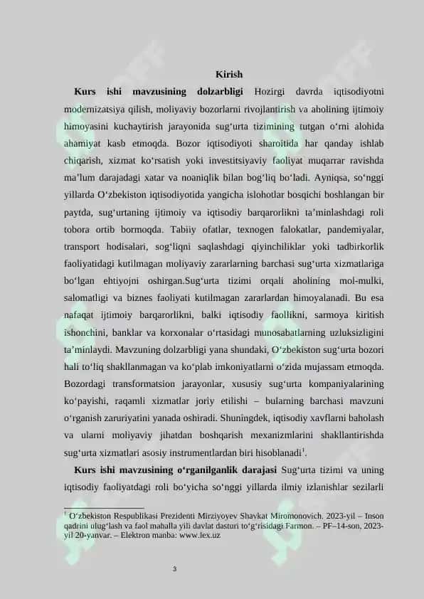 Sug’urta mohiyati, tarkibi va iqtisodiy taraqqiyotdagi o’rni  kurs ishi 3