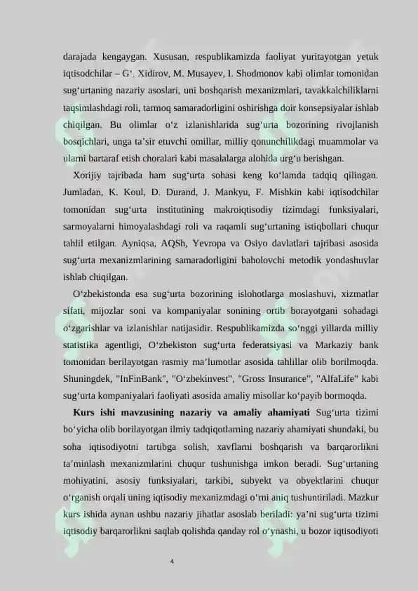 Sug’urta mohiyati, tarkibi va iqtisodiy taraqqiyotdagi o’rni  kurs ishi 4