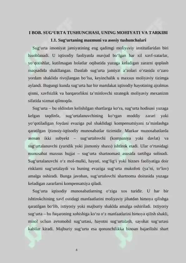 Sug’urta mohiyati, tarkibi va iqtisodiy taraqqiyotdagi o’rni  kurs ishi 6