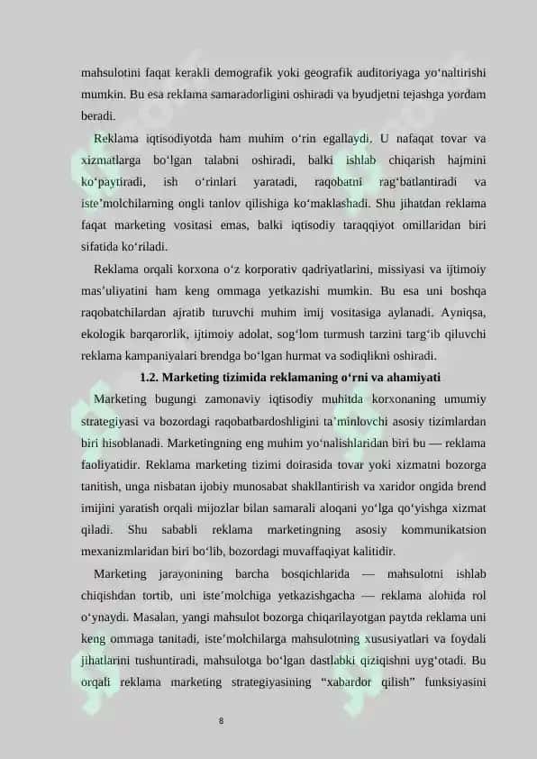 Reklama — korxona marketingining asosiy vositalaridan biri sifatida 8