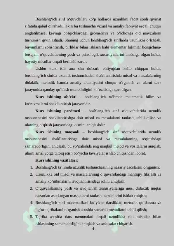 Boshlang’ich sinflarda uzunlik  tushunchasini  shakillantirishga  doir  misol  va  masalalar  yechish 4