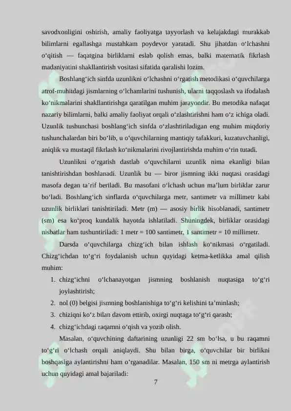 Boshlang’ich sinflarda uzunlik  tushunchasini  shakillantirishga  doir  misol  va  masalalar  yechish 7