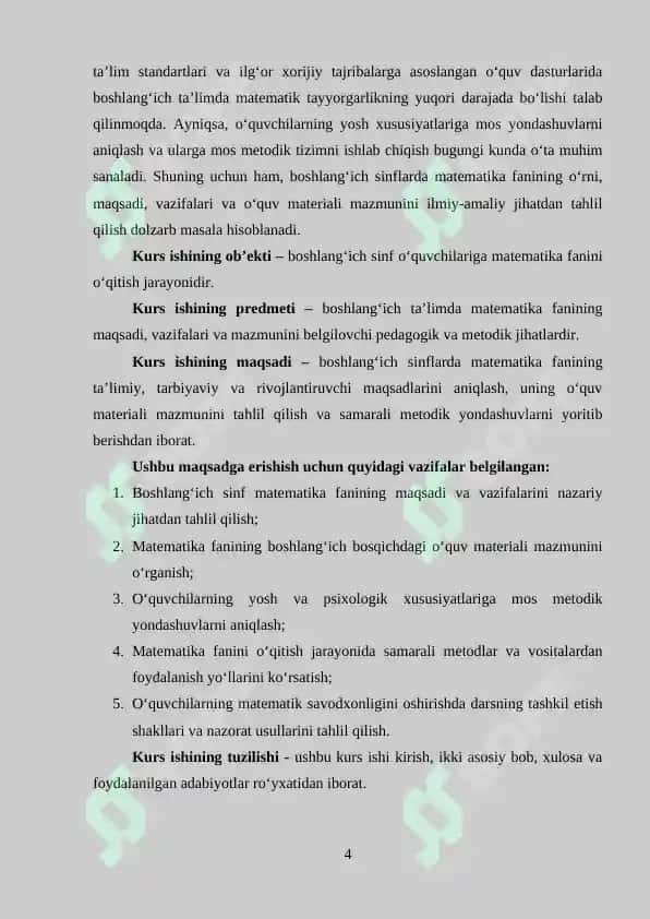 Boshlang’ich sinflarda matematika fanini maqsadi, vazifalari va mazmuni 4