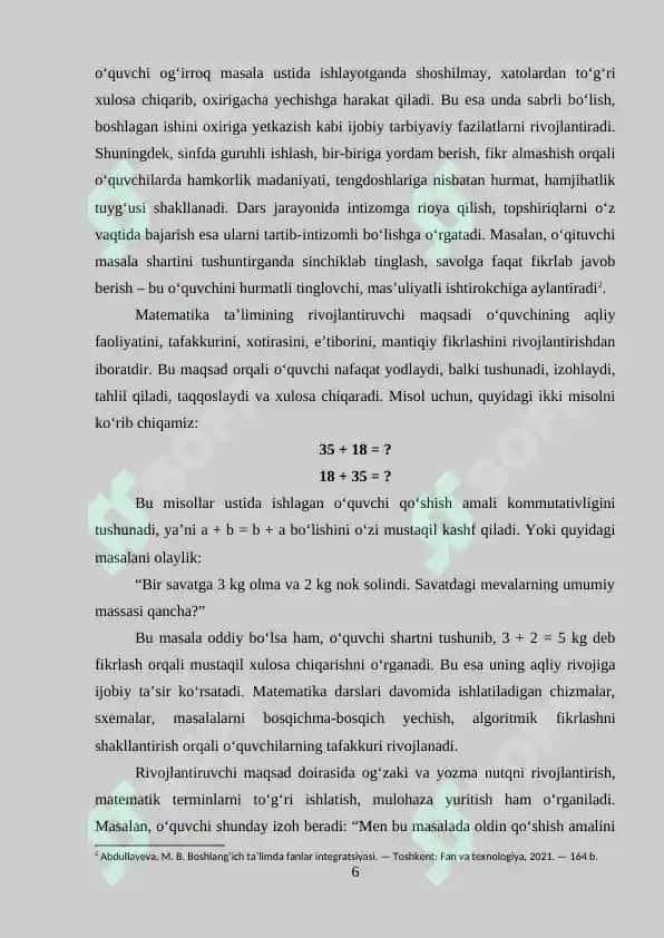 Boshlang’ich sinflarda matematika fanini maqsadi, vazifalari va mazmuni 6