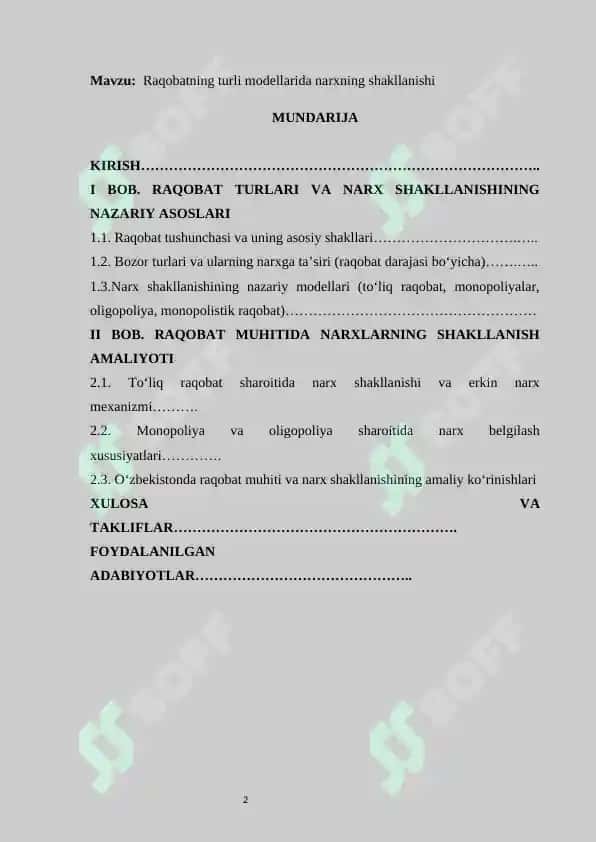 Raqobatning turli modellarida narxning shakllanishi kurs ishi 2