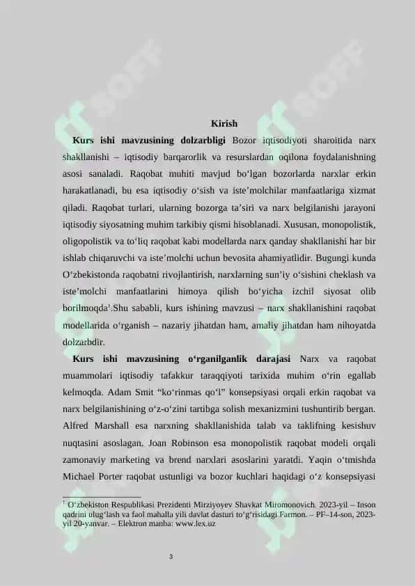 Raqobatning turli modellarida narxning shakllanishi kurs ishi 3