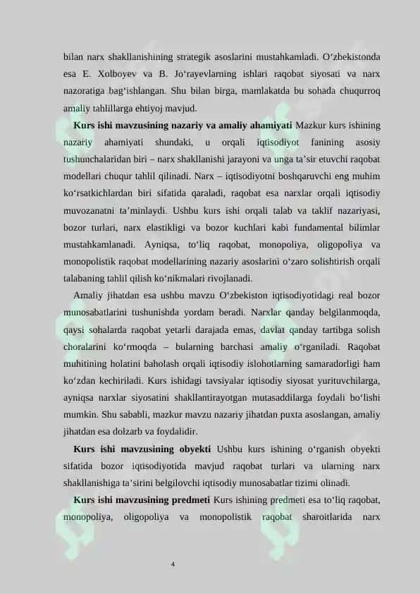 Raqobatning turli modellarida narxning shakllanishi kurs ishi 4