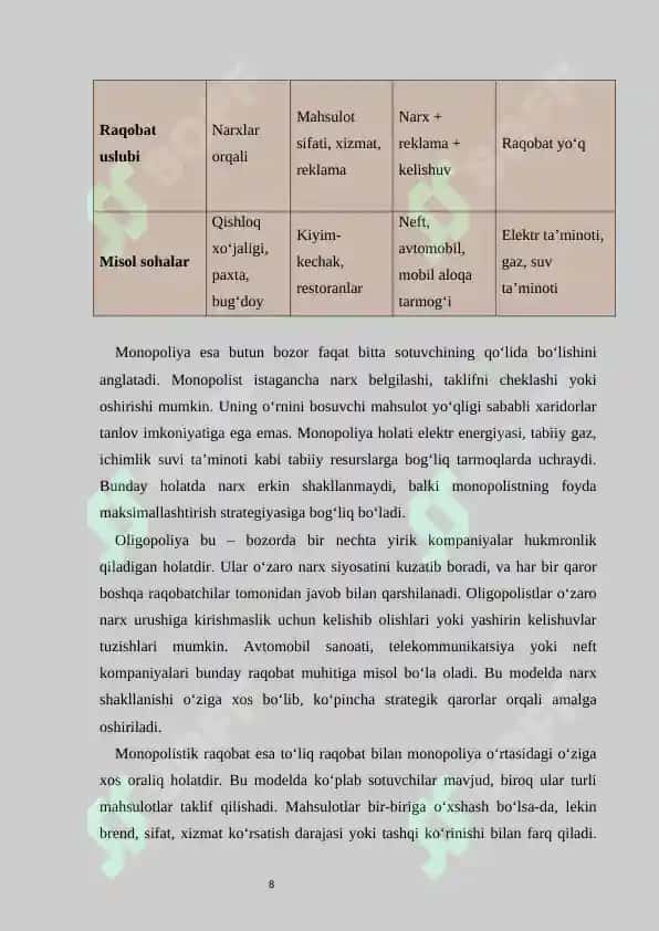 Raqobatning turli modellarida narxning shakllanishi kurs ishi 8