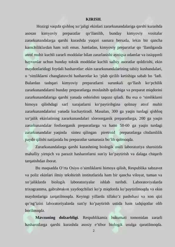 O’simliklarga zarar keltiruvchi hashorotlar kushandalarining  biologik va ekologik xususiyatlari 2