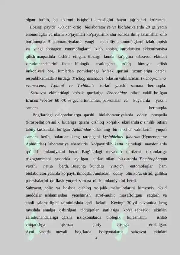 O’simliklarga zarar keltiruvchi hashorotlar kushandalarining  biologik va ekologik xususiyatlari 4