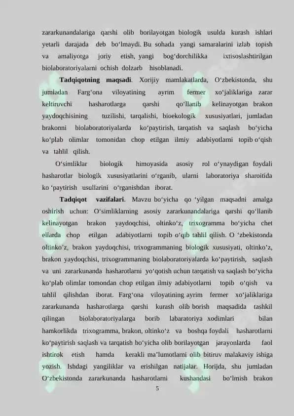 O’simliklarga zarar keltiruvchi hashorotlar kushandalarining  biologik va ekologik xususiyatlari 5