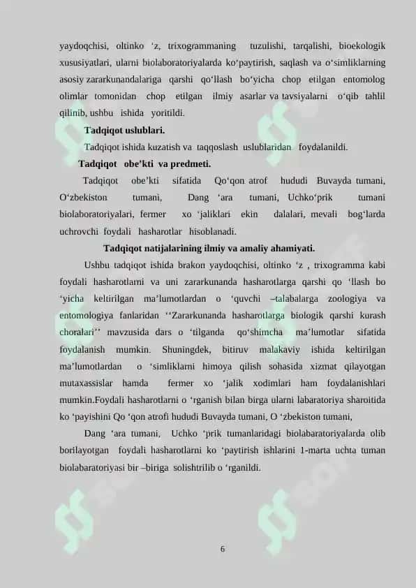 O’simliklarga zarar keltiruvchi hashorotlar kushandalarining  biologik va ekologik xususiyatlari 6