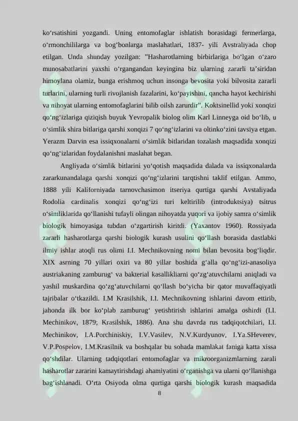 O’simliklarga zarar keltiruvchi hashorotlar kushandalarining  biologik va ekologik xususiyatlari 8