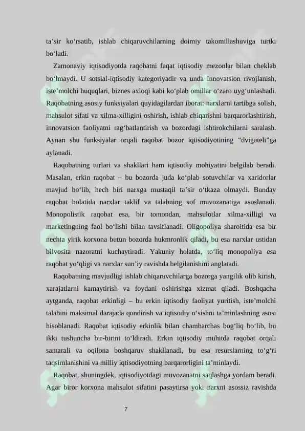 Raqobat  bozor iqtisodiyotining harakatlantiruvchi kuchi sifatida 7