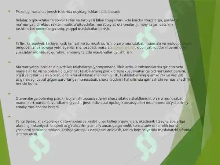 Amaliyotchi psixologning faoliyat soxalari 3