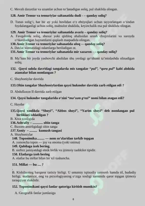 Yordamchi tarix test 8