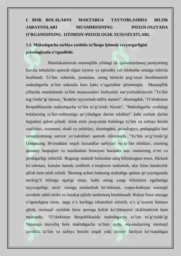 “MAKTABGACHA TARBIYA YOSHIDA TA’LIMGA IJTIMOIY TAYYORGARLIGINING PSIXOLOGIK XUSUSIYATLARI” 6