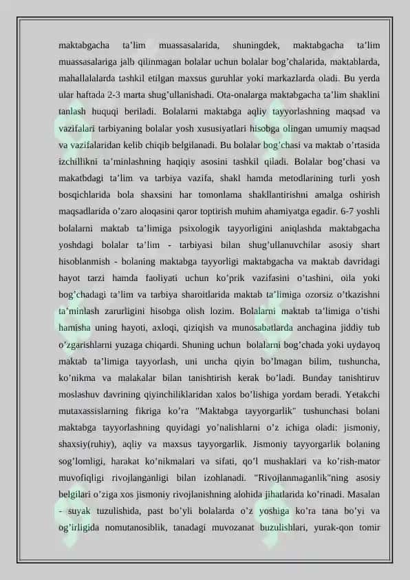 “MAKTABGACHA TARBIYA YOSHIDA TA’LIMGA IJTIMOIY TAYYORGARLIGINING PSIXOLOGIK XUSUSIYATLARI” 7