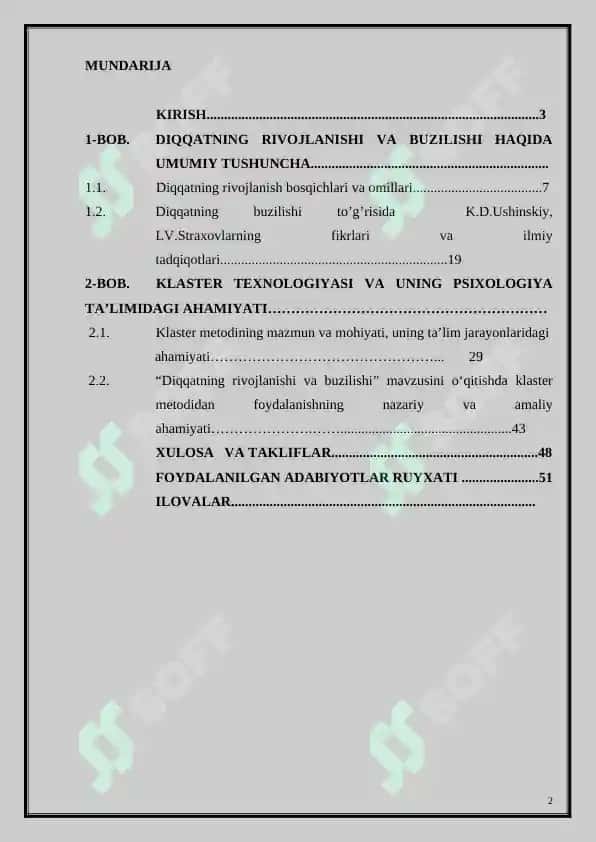 "Diqqatning rivojlanishi va buzilishi mavzusini o‘qitishda “Klaster” usulidan foydalanish" 2