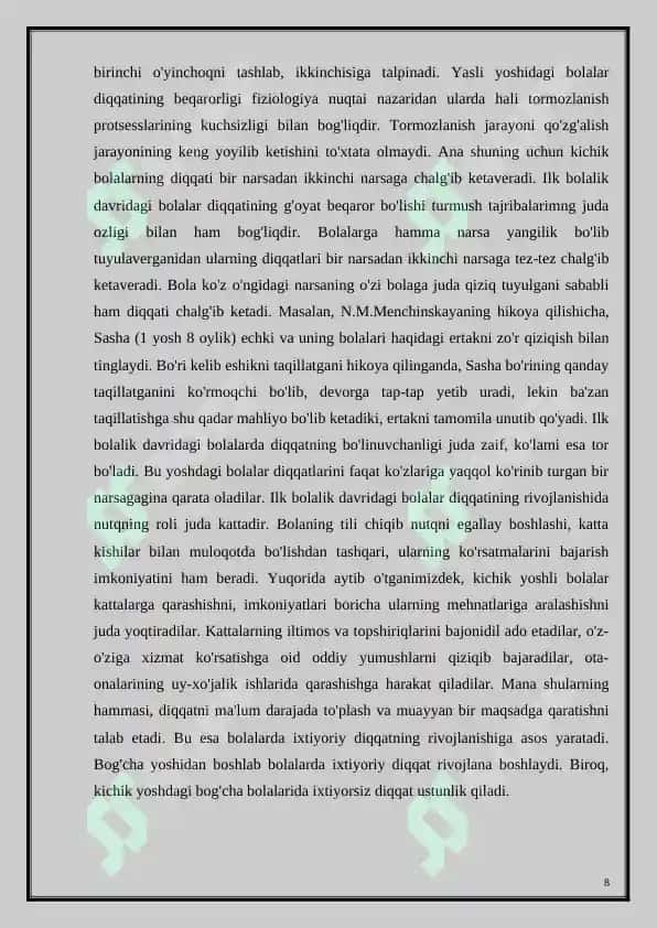 "Diqqatning rivojlanishi va buzilishi mavzusini o‘qitishda “Klaster” usulidan foydalanish" 8