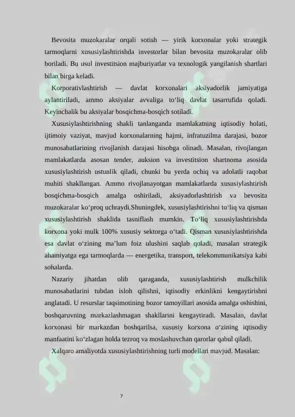 Xususiylashtirish, uning zaruriyati va O’zbekistondagi o’ziga xos xususiyatlari 7