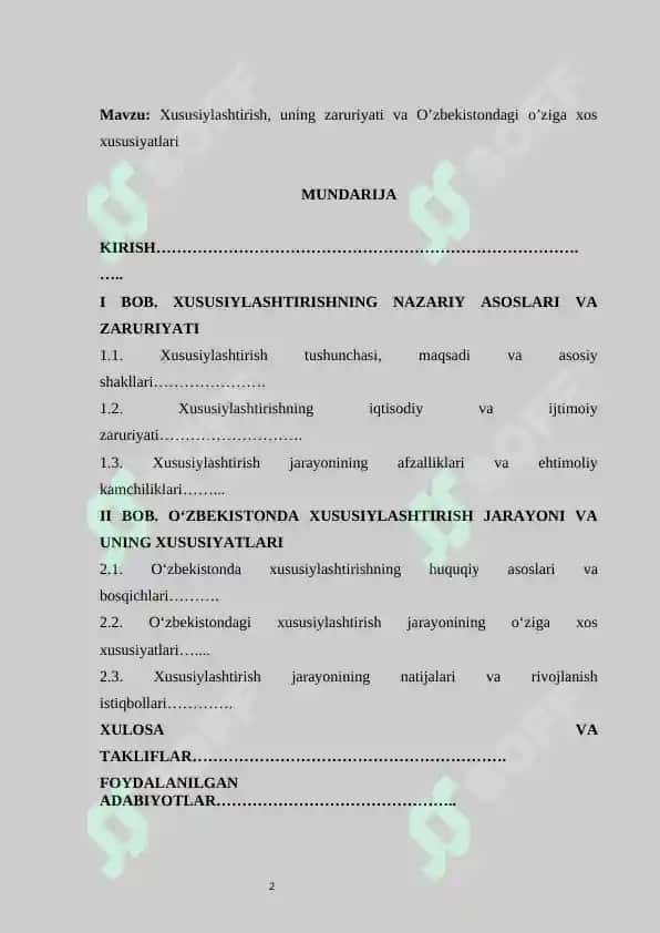 Xususiylashtirish, uning zaruriyati va O’zbekistondagi o’ziga xos xususiyatlari 2