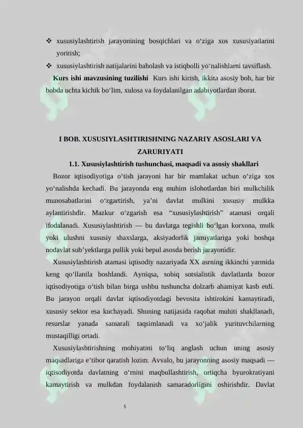 Xususiylashtirish, uning zaruriyati va O’zbekistondagi o’ziga xos xususiyatlari 5