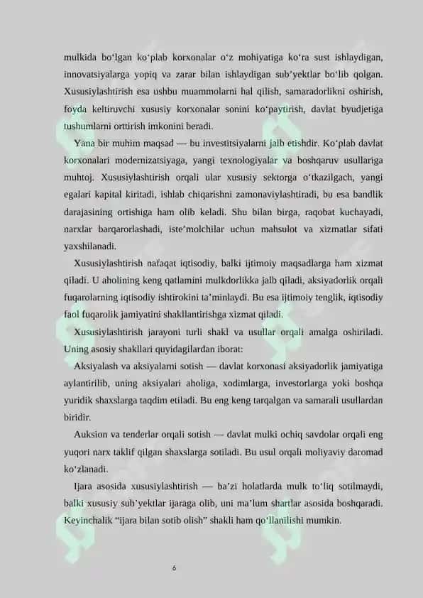 Xususiylashtirish, uning zaruriyati va O’zbekistondagi o’ziga xos xususiyatlari 6