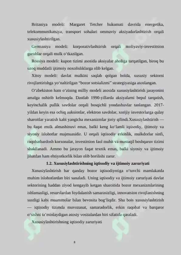 Xususiylashtirish, uning zaruriyati va O’zbekistondagi o’ziga xos xususiyatlari 8
