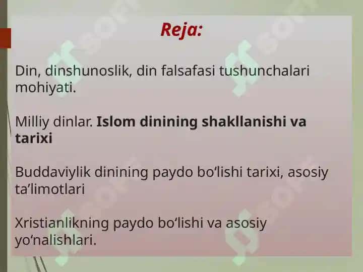 Din, dinshunoslik, din falsafasi, teologiya, teosofiya, xudojo' ylik, diniy e'tiqod,agida, ilohiyot tushunchalarining mohiyati. 2