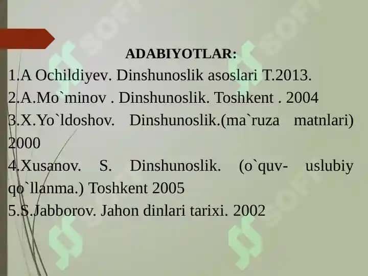 Din, dinshunoslik, din falsafasi, teologiya, teosofiya, xudojo' ylik, diniy e'tiqod,agida, ilohiyot tushunchalarining mohiyati. 3