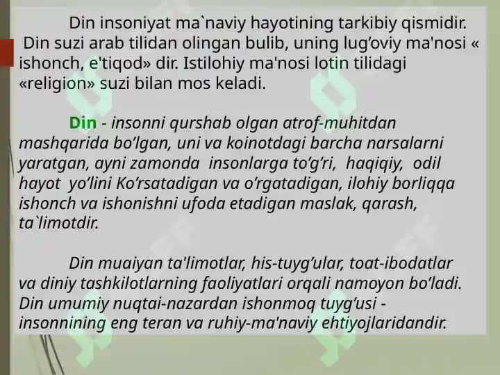 Din, dinshunoslik, din falsafasi, teologiya, teosofiya, xudojo' ylik, diniy e'tiqod,agida, ilohiyot tushunchalarining mohiyati. 6