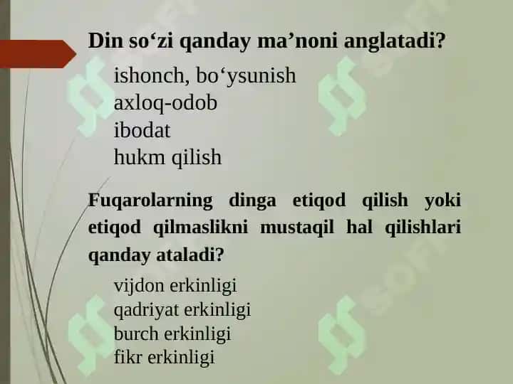 Din, dinshunoslik, din falsafasi, teologiya, teosofiya, xudojo' ylik, diniy e'tiqod,agida, ilohiyot tushunchalarining mohiyati. 8