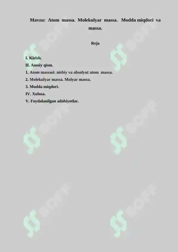 Atom massa. Molekulyar massa. Modda miqdori va massa. Referat 14 bet. 2