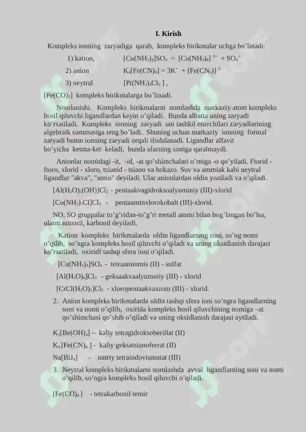 Kompleks birikmalar olinishi va xossalari. Suvning qattiqligini aniqlash. Referat 30 bet. 3