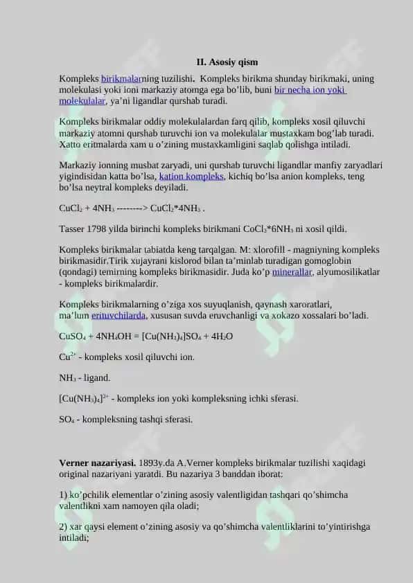 Kompleks birikmalar olinishi va xossalari. Suvning qattiqligini aniqlash. Referat 30 bet. 6