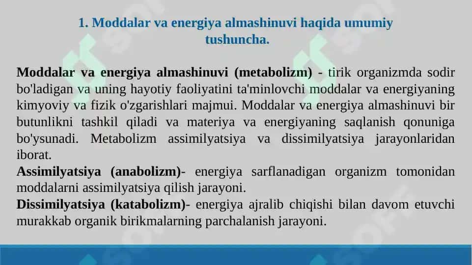 Metabolizm jarayonida energiya hosil bo'lishi va sarflanishi. Taqdimot 15 bet. 2