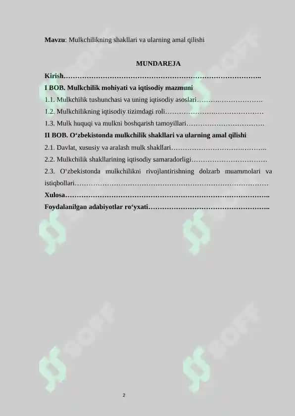Mulkchilikning shakllari va ularning amal qilishi  kurs ishi   |  Мулкчиликнинг шакллари ва уларнинг амал қилиши 2
