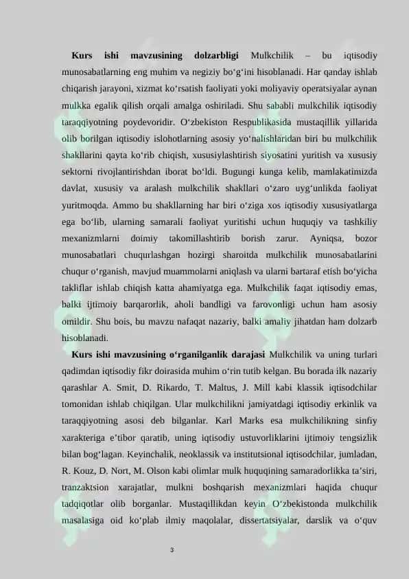 Mulkchilikning shakllari va ularning amal qilishi  kurs ishi   |  Мулкчиликнинг шакллари ва уларнинг амал қилиши 3