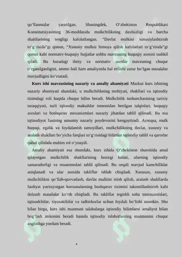 Mulkchilikning shakllari va ularning amal qilishi  kurs ishi   |  Мулкчиликнинг шакллари ва уларнинг амал қилиши 4
