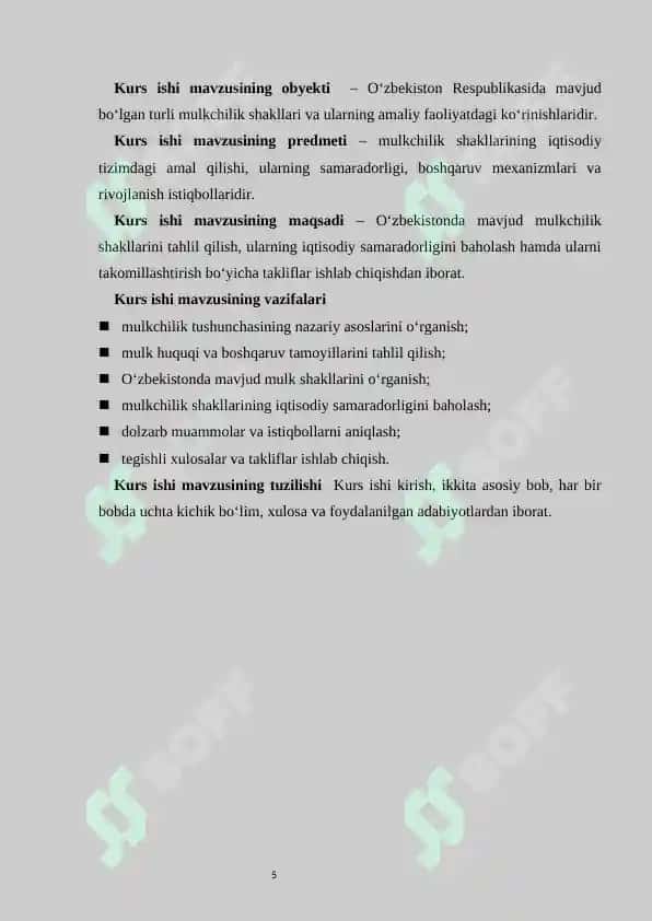 Mulkchilikning shakllari va ularning amal qilishi  kurs ishi   |  Мулкчиликнинг шакллари ва уларнинг амал қилиши 5