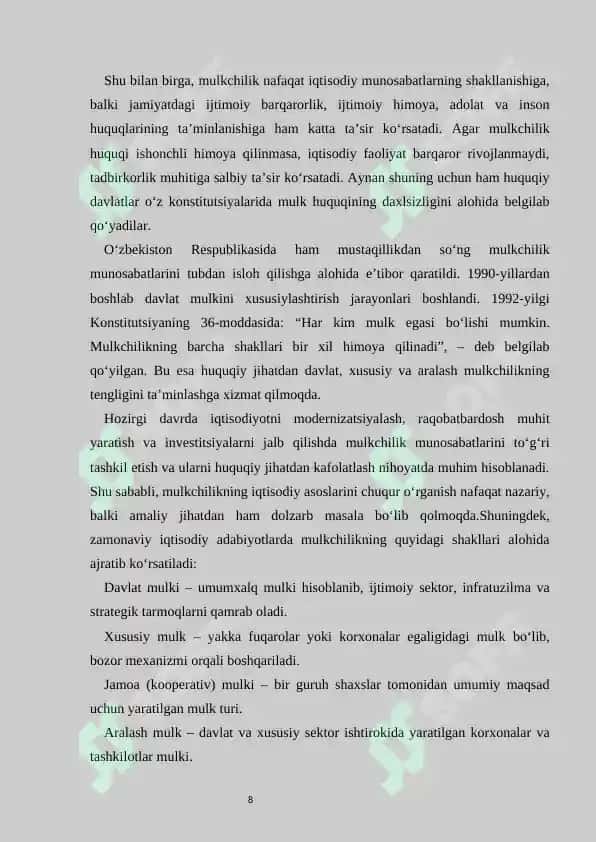 Mulkchilikning shakllari va ularning amal qilishi  kurs ishi   |  Мулкчиликнинг шакллари ва уларнинг амал қилиши 8