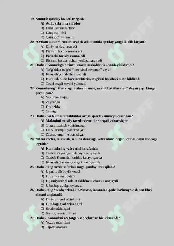 “O‘tkan kunlar” romanidan testlar 3