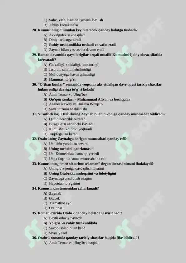 “O‘tkan kunlar” romanidan testlar 4